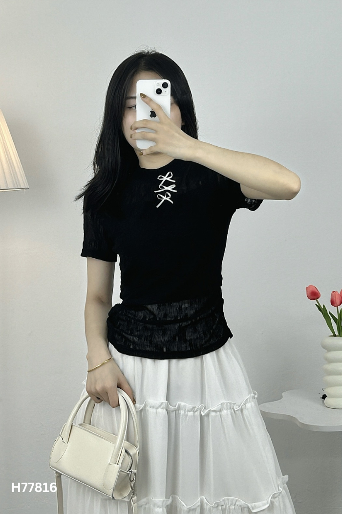 Áo ren đen phối nơ