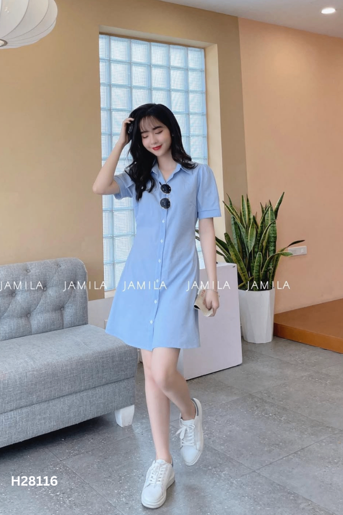 NEWTAG Váy JAMILA xanh kẻ trắng