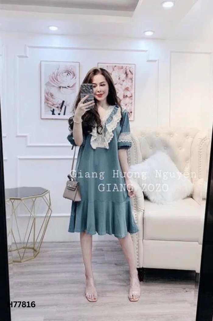 NEWTAG Váy ngủ xanh phối ren be