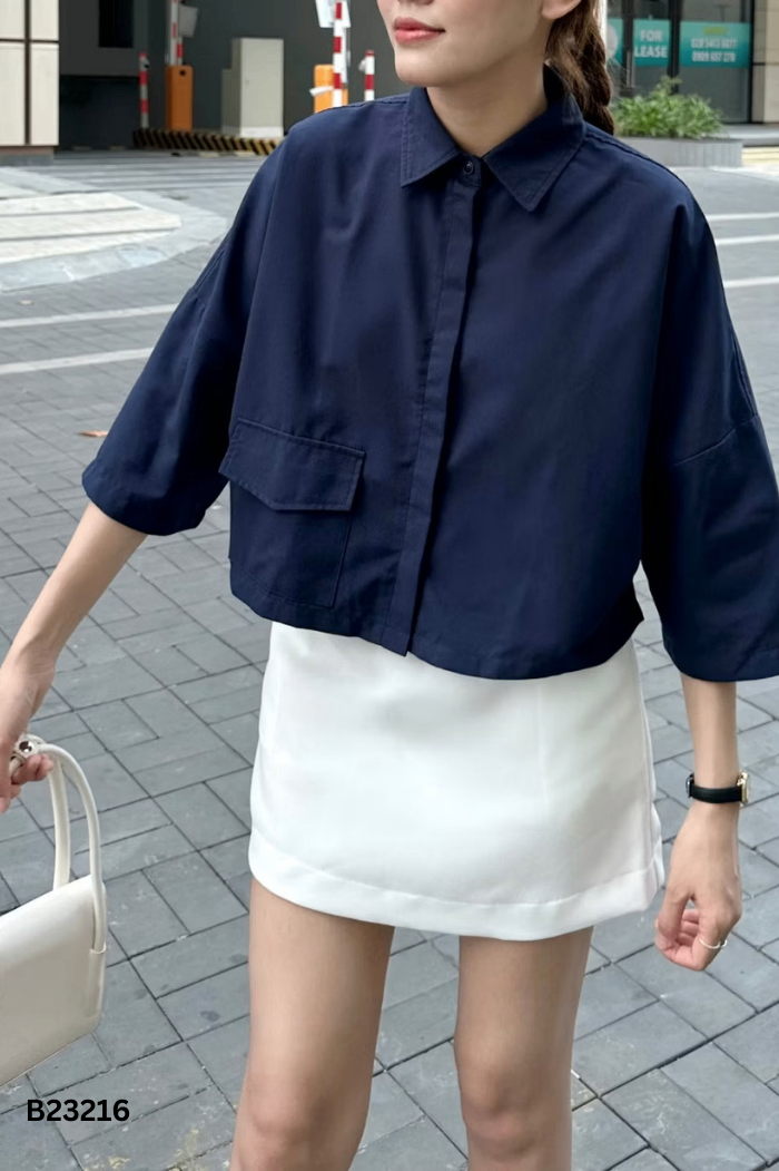Áo SOMS sơ mi xanh than croptop