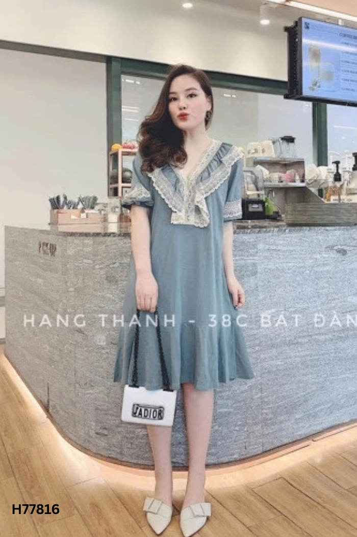 NEWTAG Váy ngủ xanh phối ren be
