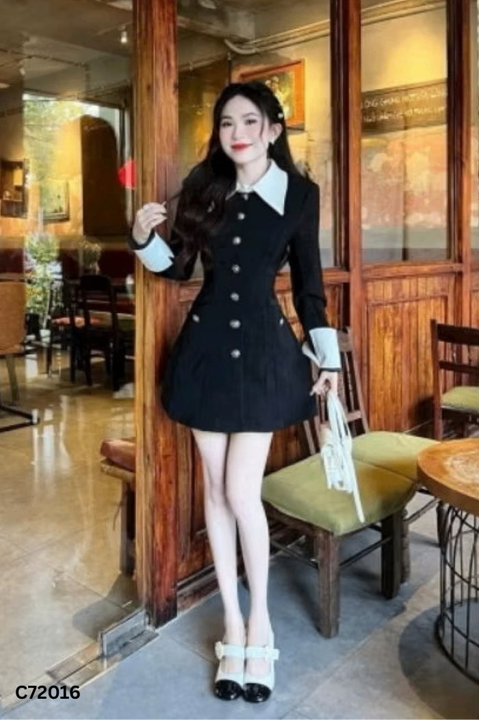 Váy đen cổ trắng phối khuy
