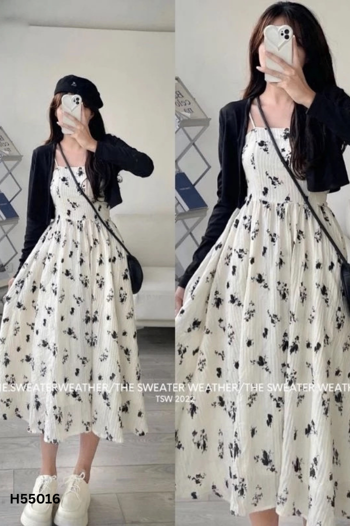 Set váy hai dây be+áo cardigan đen