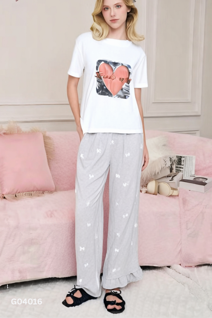 SET Áo trắng in hình + quần xám nơ