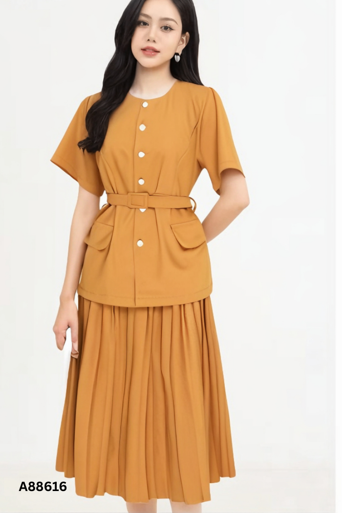 Set Áo nâu cúc ngọc kèm đai + chân váy