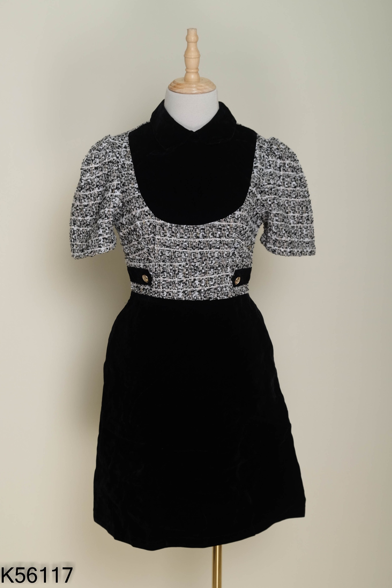 Váy LE'COONG nhung đen phối dạ tweed xám