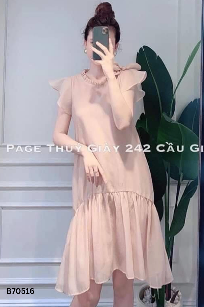 Váy babydoll nâu be phối nơ
