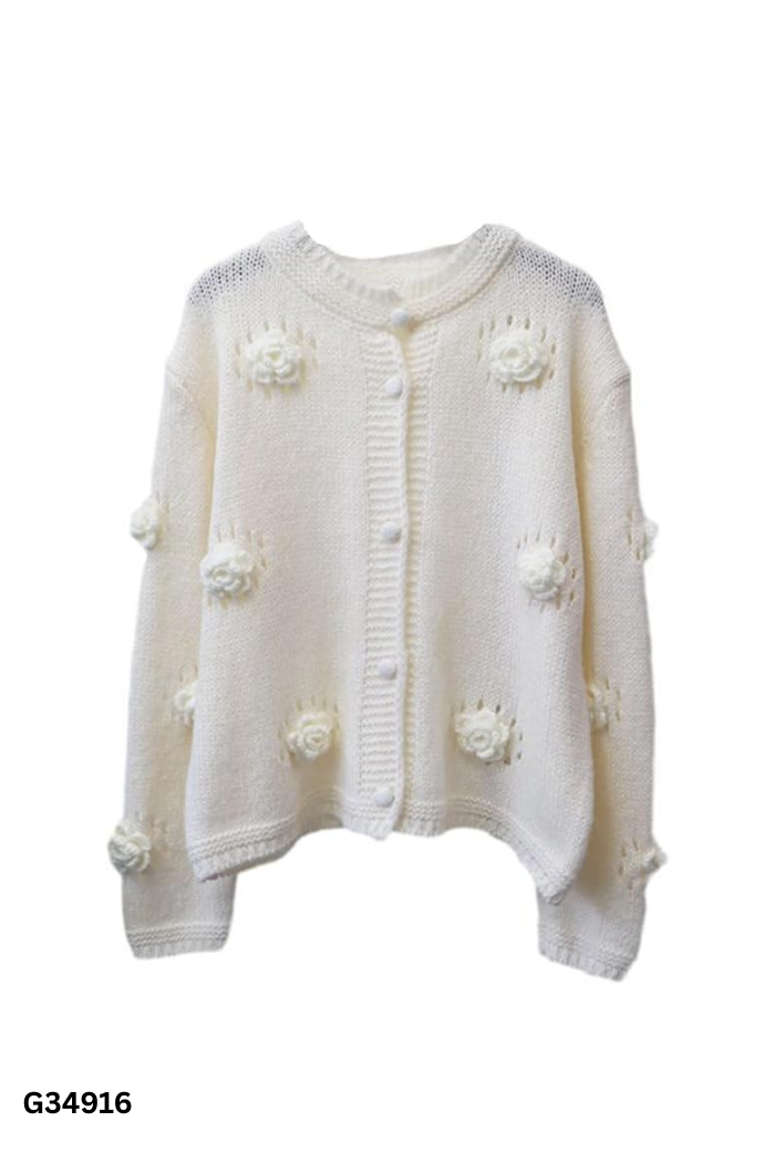 Áo cardigan len trắng đính hoa