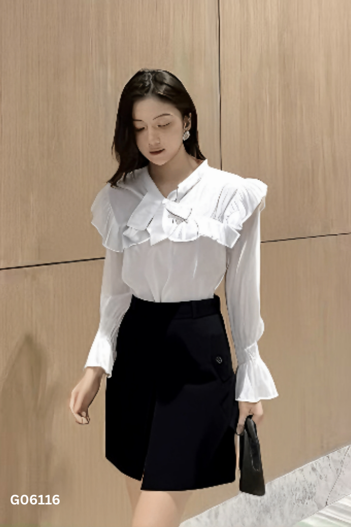 SET Áo trắng bèo + chân váy đen