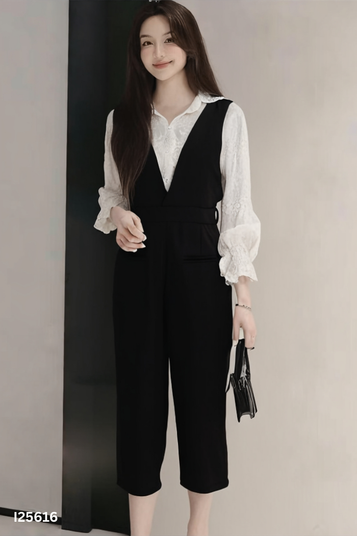 SET Áo sơ mi ren be +yếm quần đen trơn