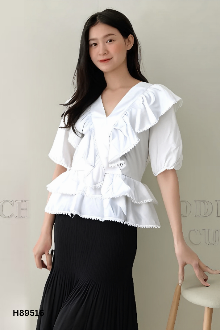 Set Áo trắng phối bèo + chân váy đen