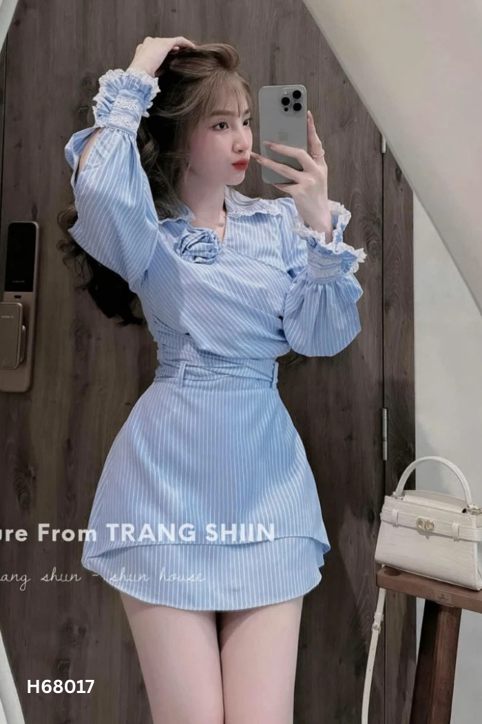 Set Áo xanh sọc LANNIE.ROOM phối hoa + chân váy