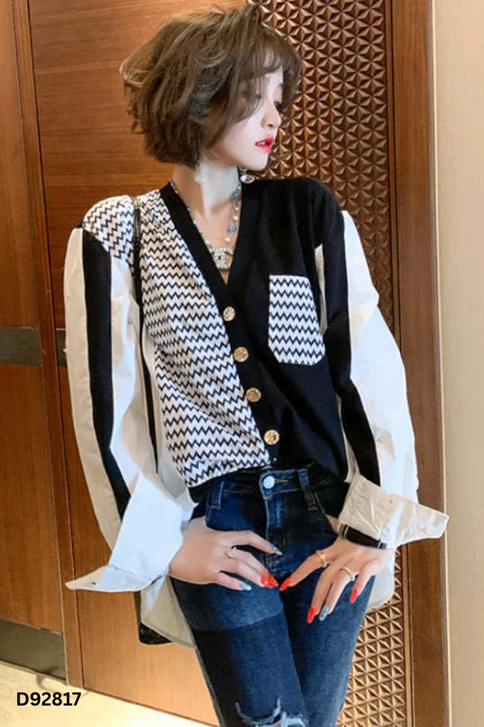 Áo kiểu trắng phối đen