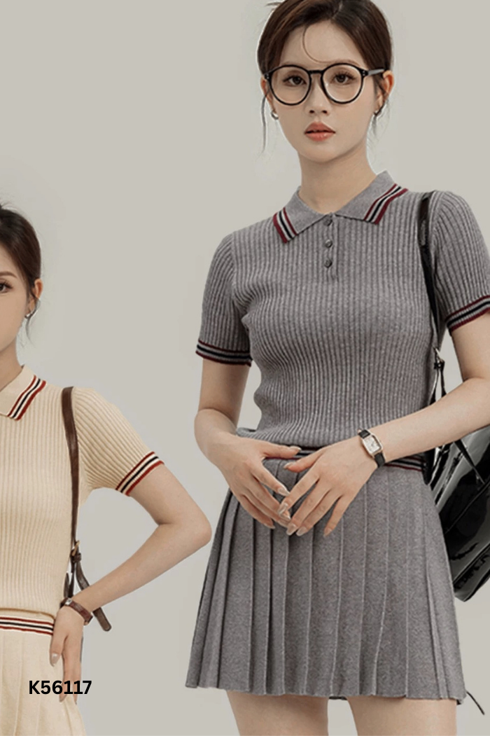 SET Áo xám kẻ cổ đỏ + chân váy