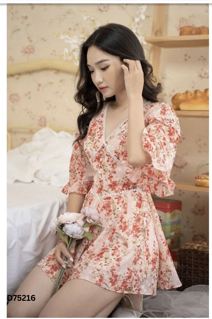 Jumpsuit SANROSIE hồng hoa đỏ