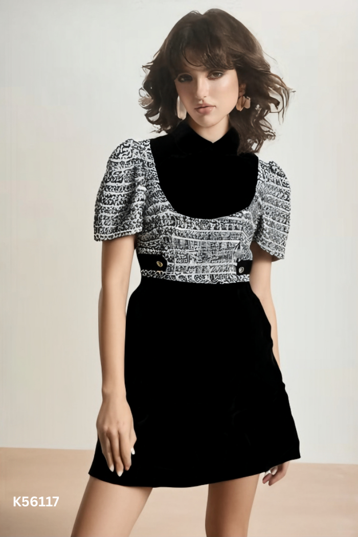 Váy LE'COONG nhung đen phối dạ tweed xám
