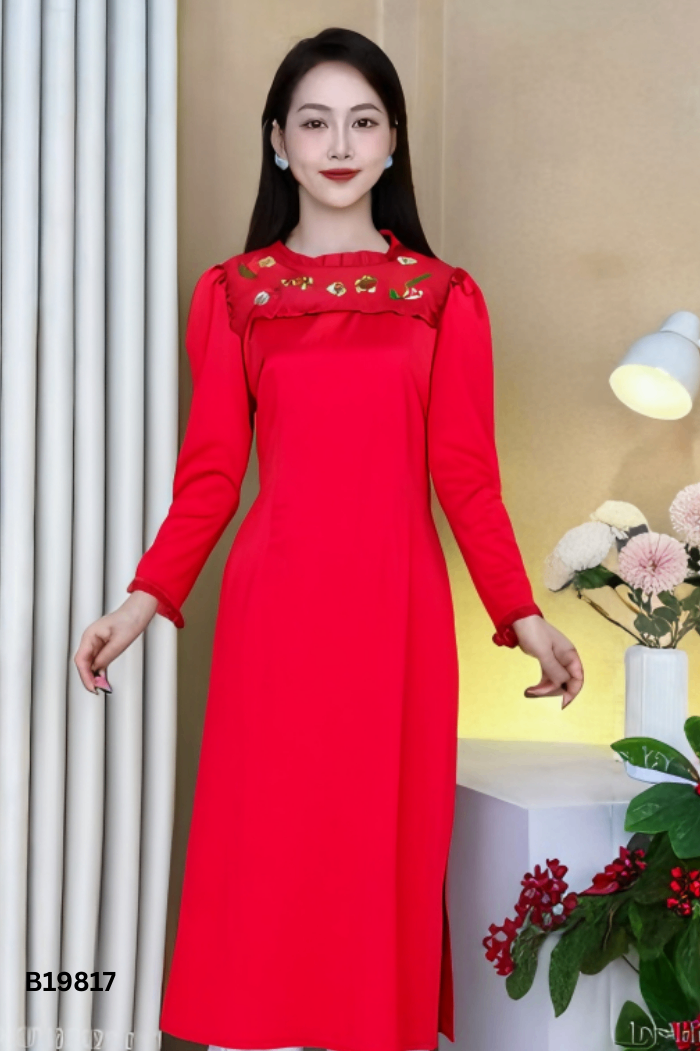 Áo dài lụa đỏ GERME thêu hoa