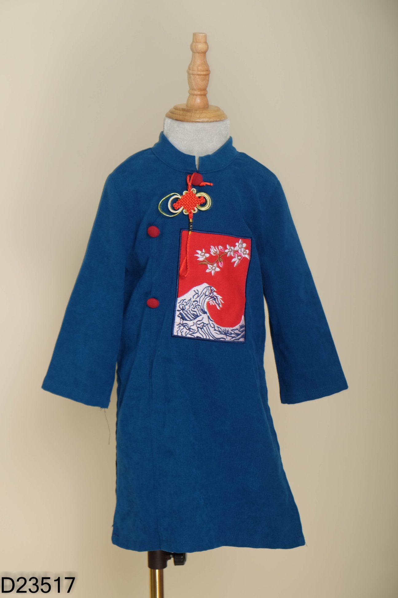 Áo dài nhung tăm xanh phối đỏ KIDS