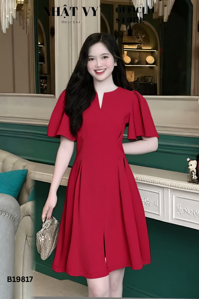 Váy đỏ mận MINADY chiết ly eo