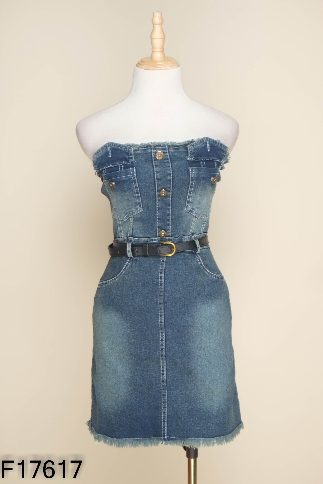 NEWTAG Váy cúp ngực jeans xanh phối thắt lưng