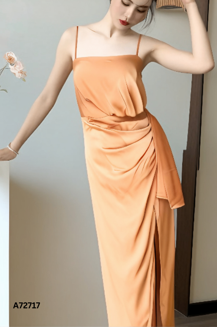 Váy 2s lụa nâu dúm lệch