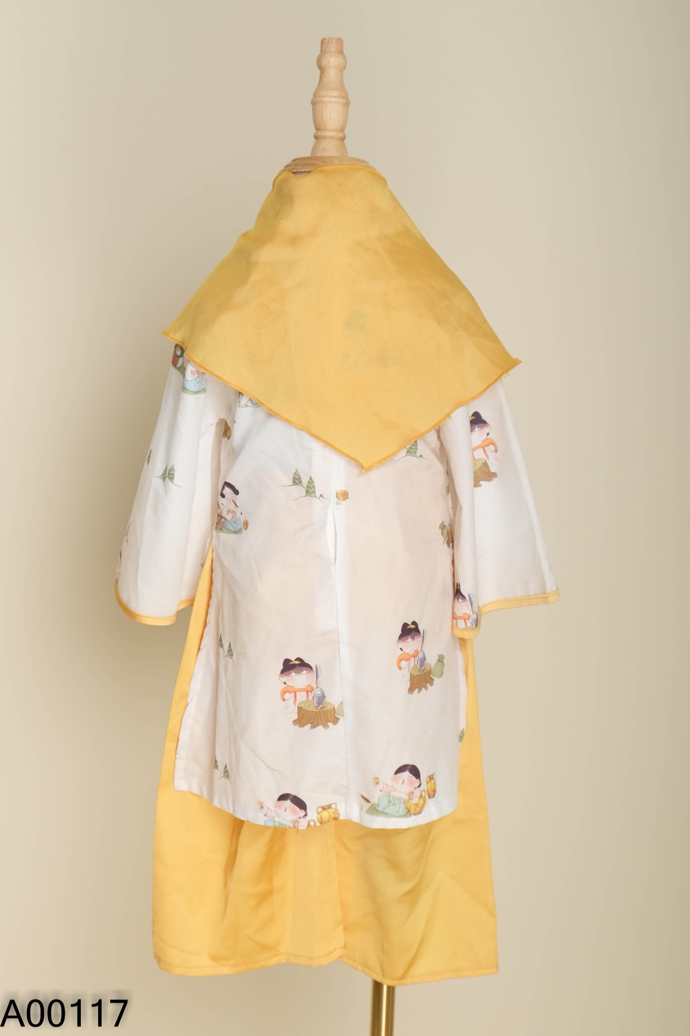Set Áo dài be họa tiết + quần kèm khăn KIDS