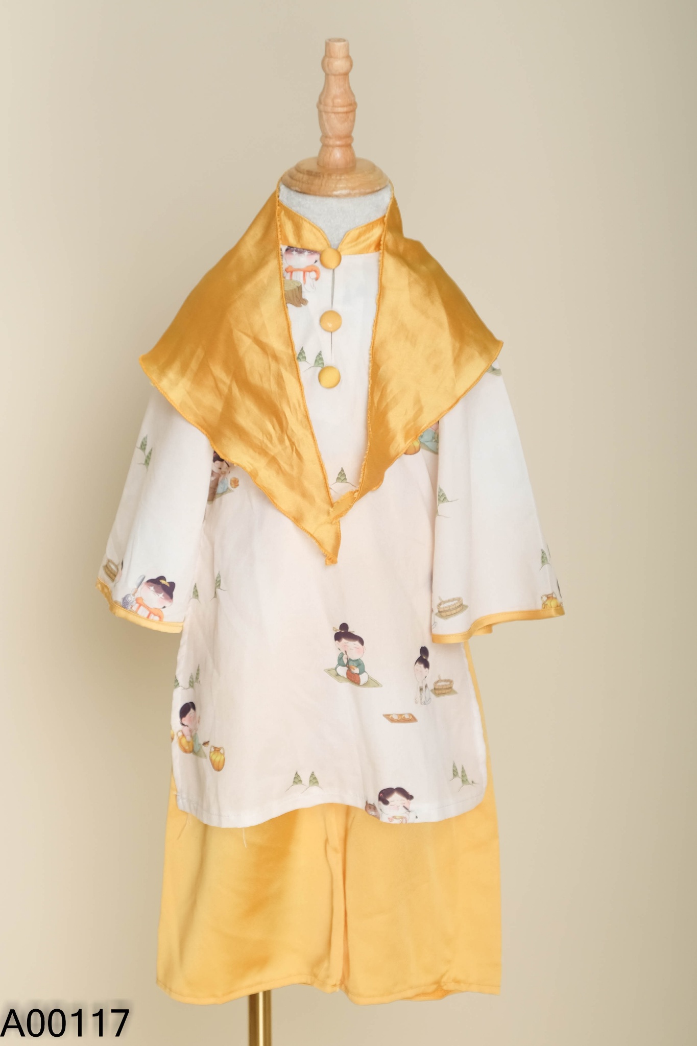 Set Áo dài be họa tiết + quần kèm khăn KIDS