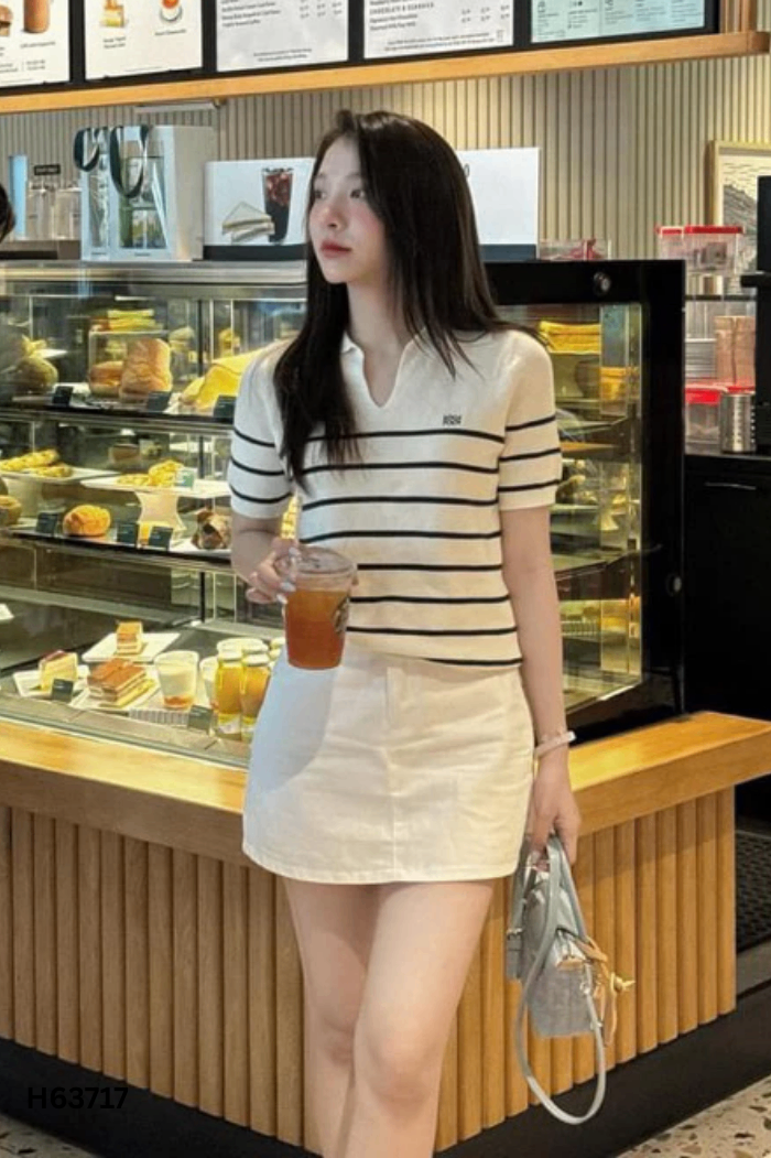 Áo trắng sữa kẻ đen
