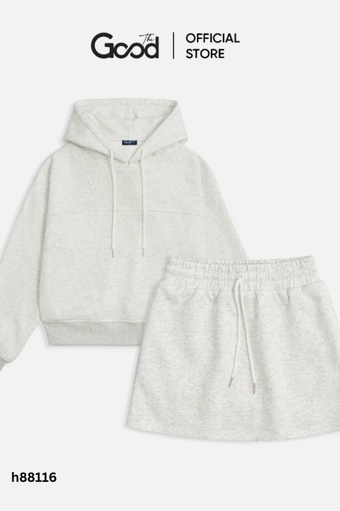 SET THE GOOD trắng ghi áo hoodie + chân váy