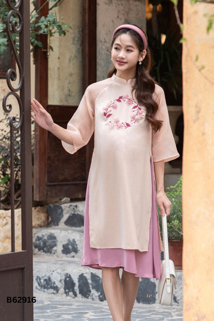 Áo dài - Váy cách tân 2 tà be váy hồng