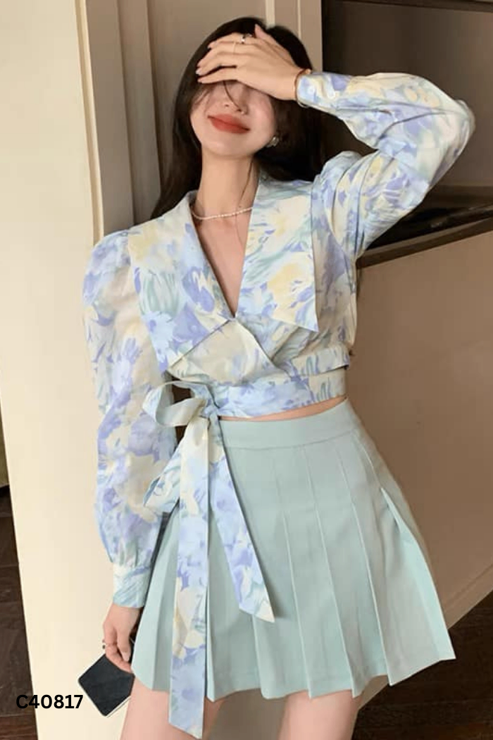 Áo kiểu vàng phối xanh