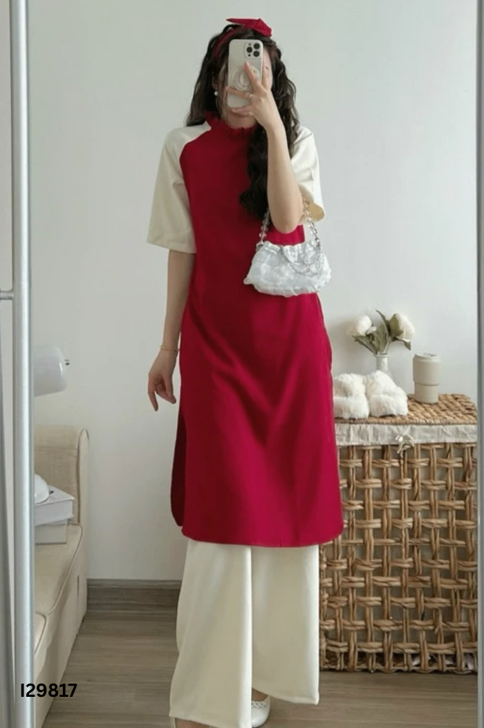 SET Áo dài nhung tăm đỏ + quần be