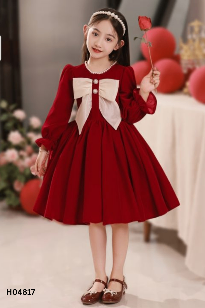 Váy nhung đỏ đính nơ be KIDS