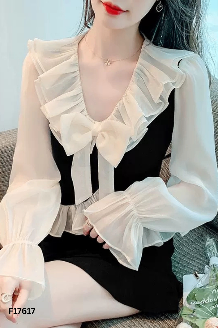 Áo đen phối voan bèo be