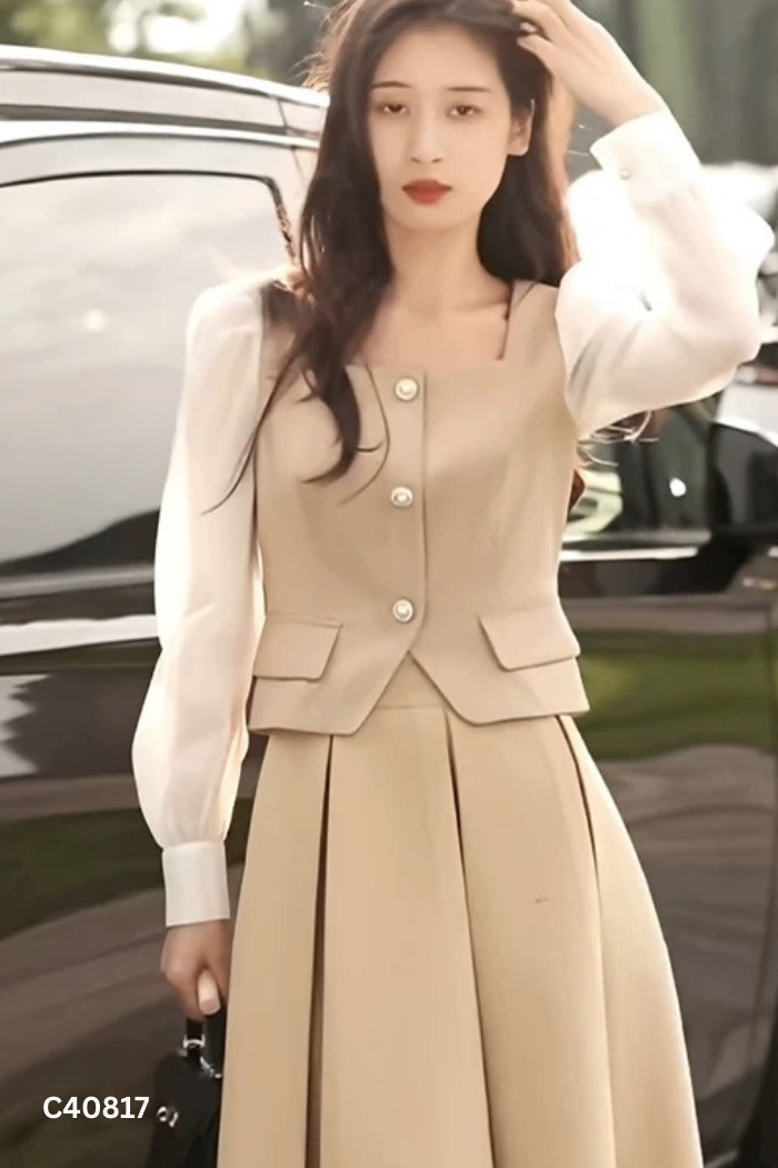 Áo nâu be tay trắng