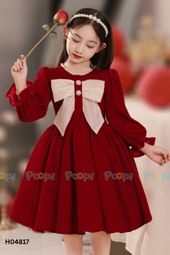 Váy nhung đỏ đính nơ be KIDS