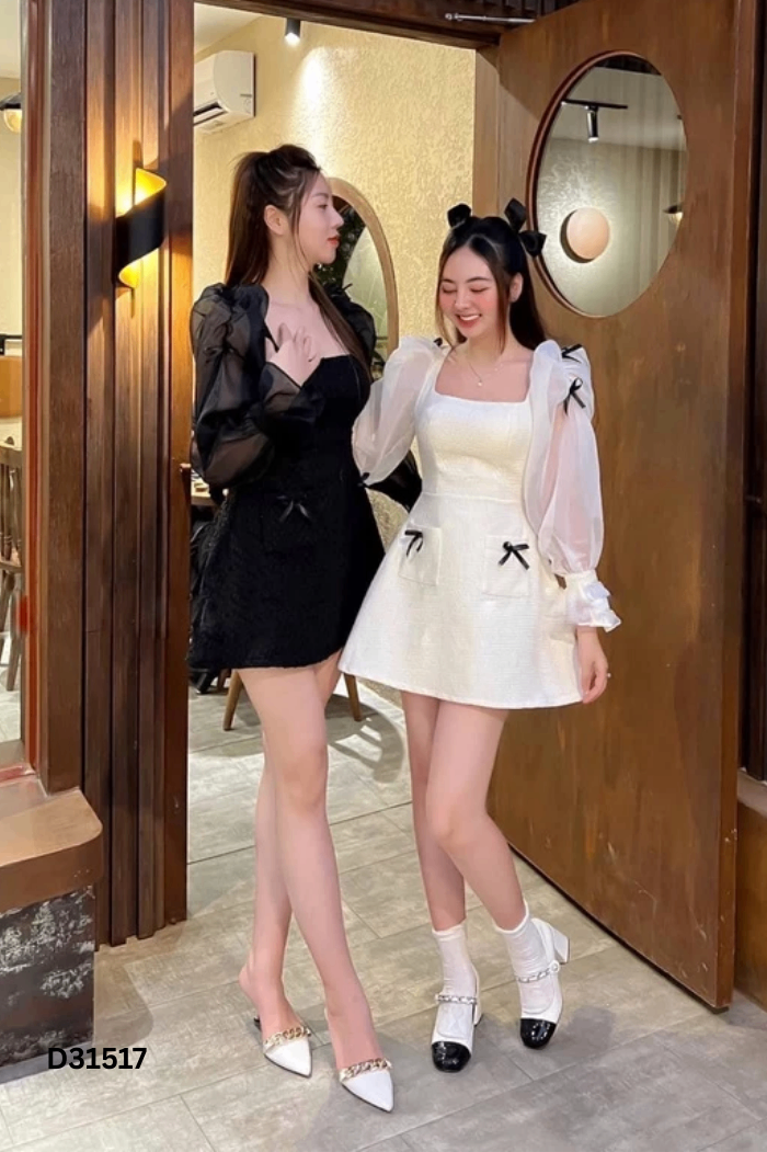Váy trắng tay voan đính nơ
