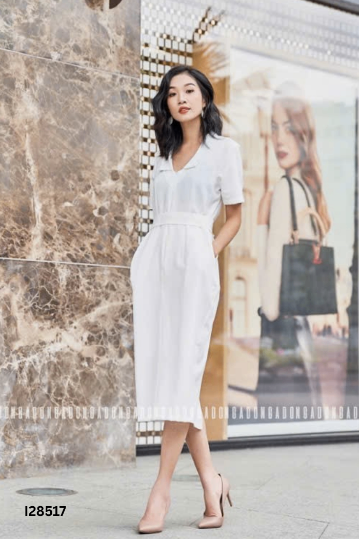NEWTAG Váy trắng NGADO cổ sơ mi kèm đai