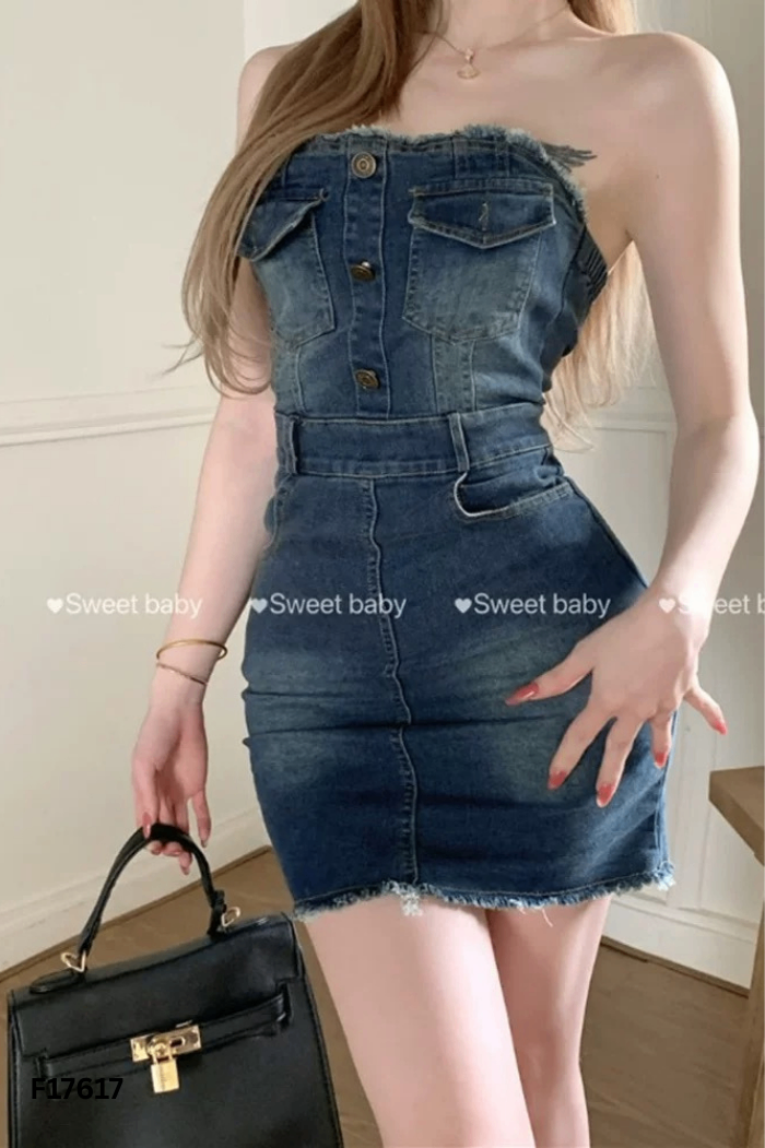NEWTAG Váy cúp ngực jeans xanh phối thắt lưng