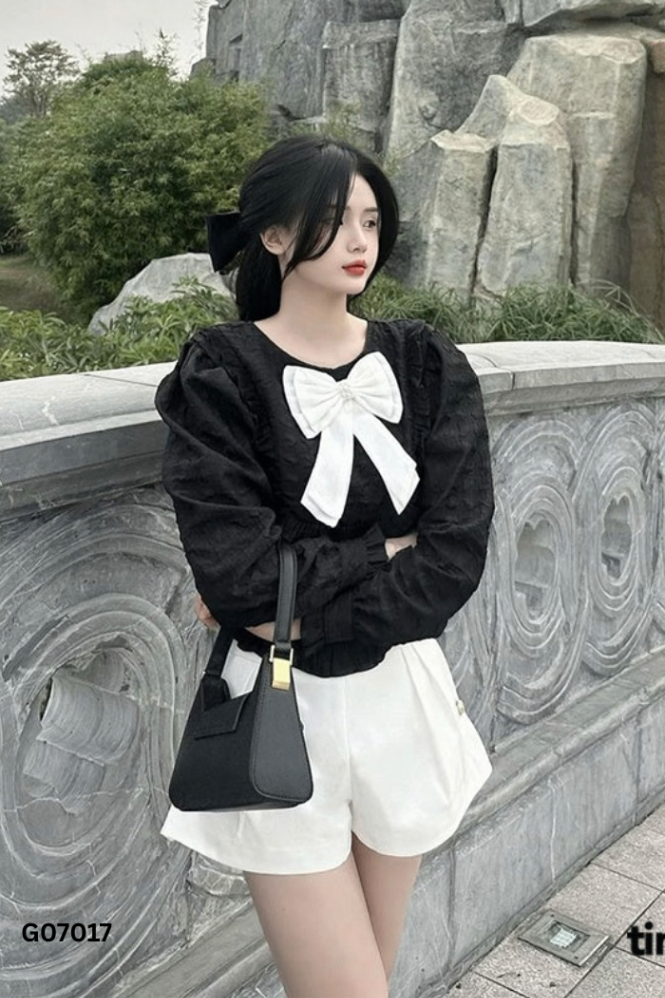 Áo TINGOAN đen nơ trắng
