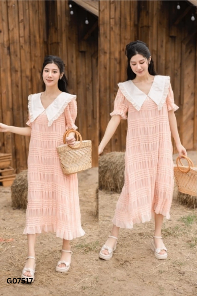 Váy hồng cổ be