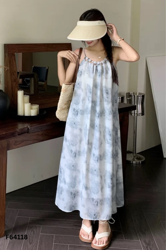 Váy xanh xám suông phối trắng