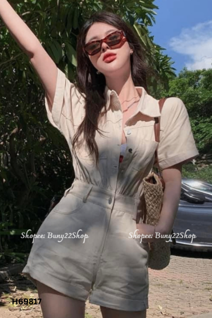 Jumpsuits kaki be phối cúc
