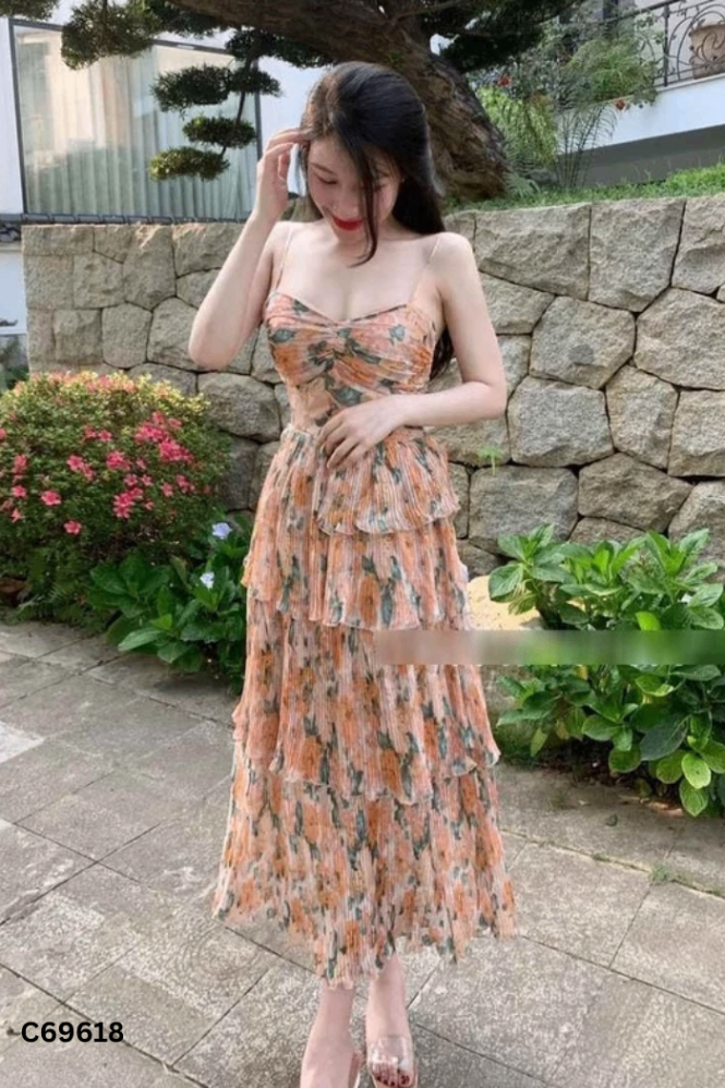 Váy hoa cam phối be hai dây