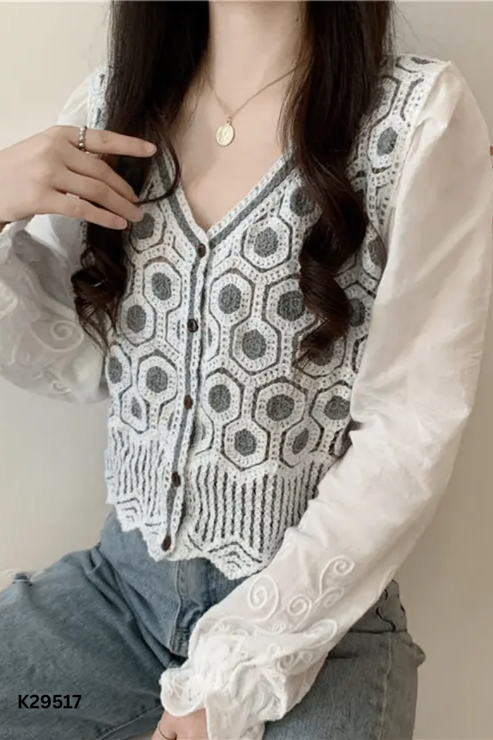 Áo linen trắng ghi tay voan