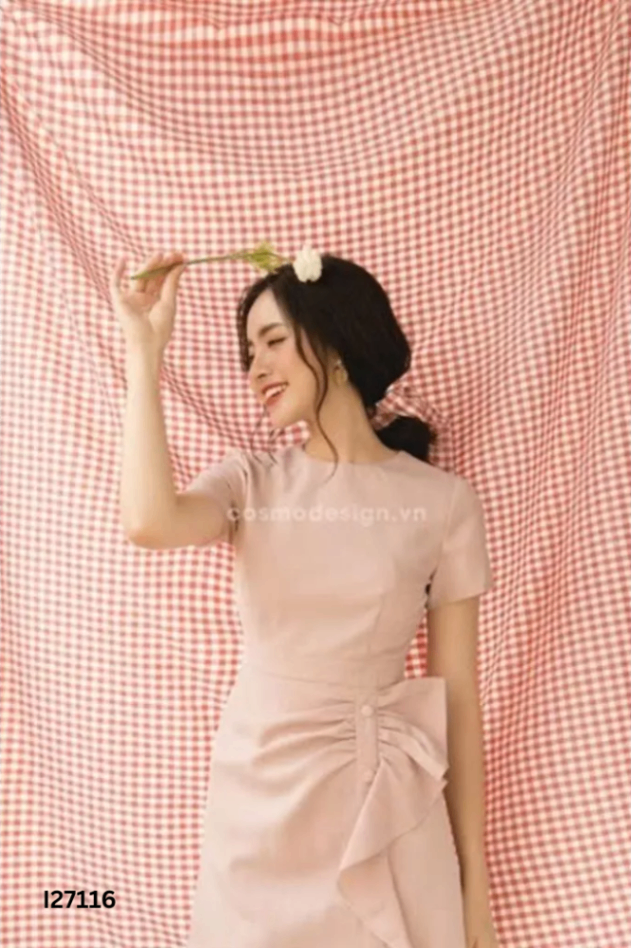 Váy COSMO DESIGN ziczac trắng hồng bèo