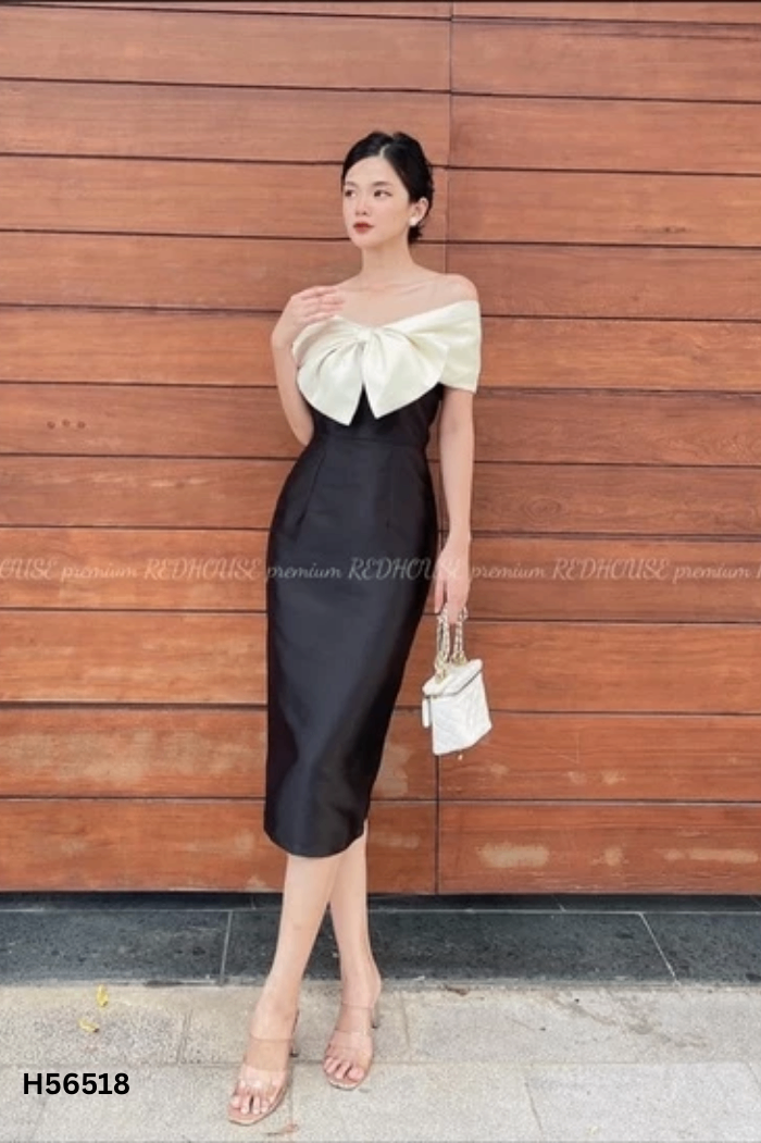 Váy LE'COONG đen phối be trễ vai
