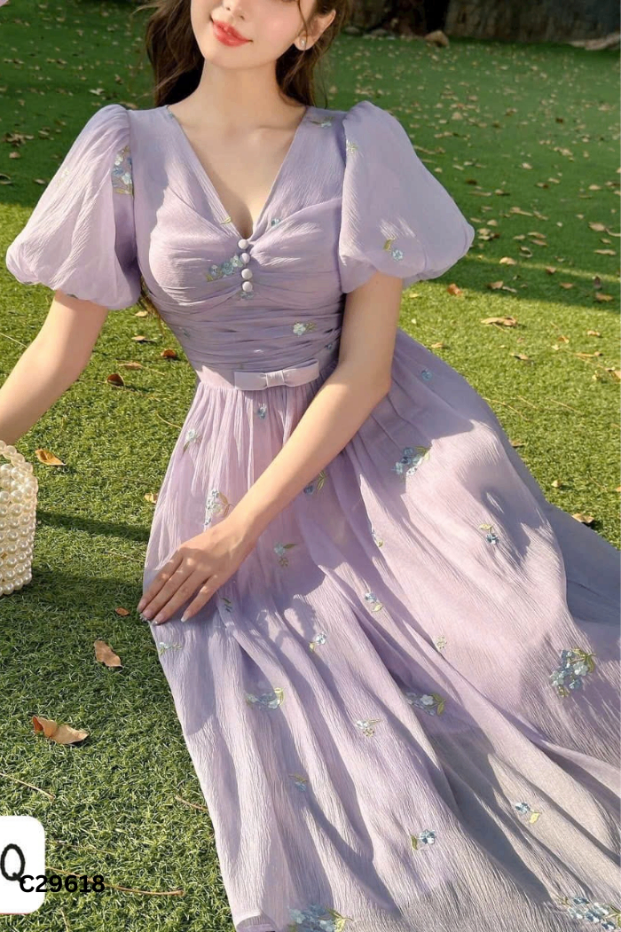 Váy MONOCO chiffon tím thêu hoa