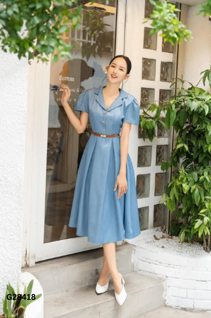 Váy xanh HOIVU phối cúc gỗ