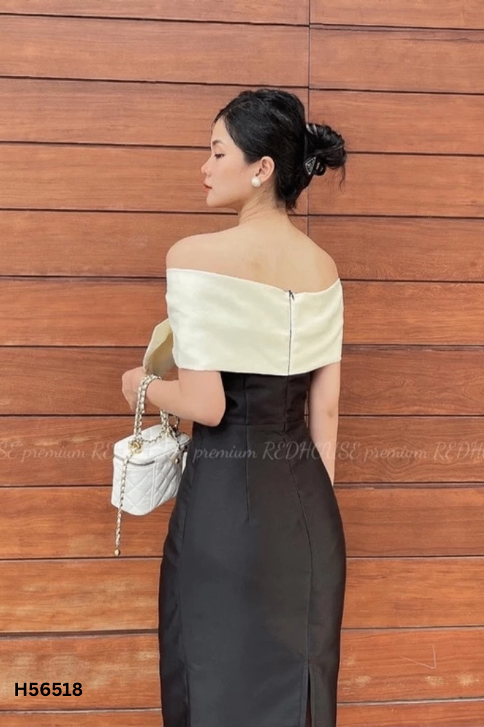 Váy LE'COONG đen phối be trễ vai